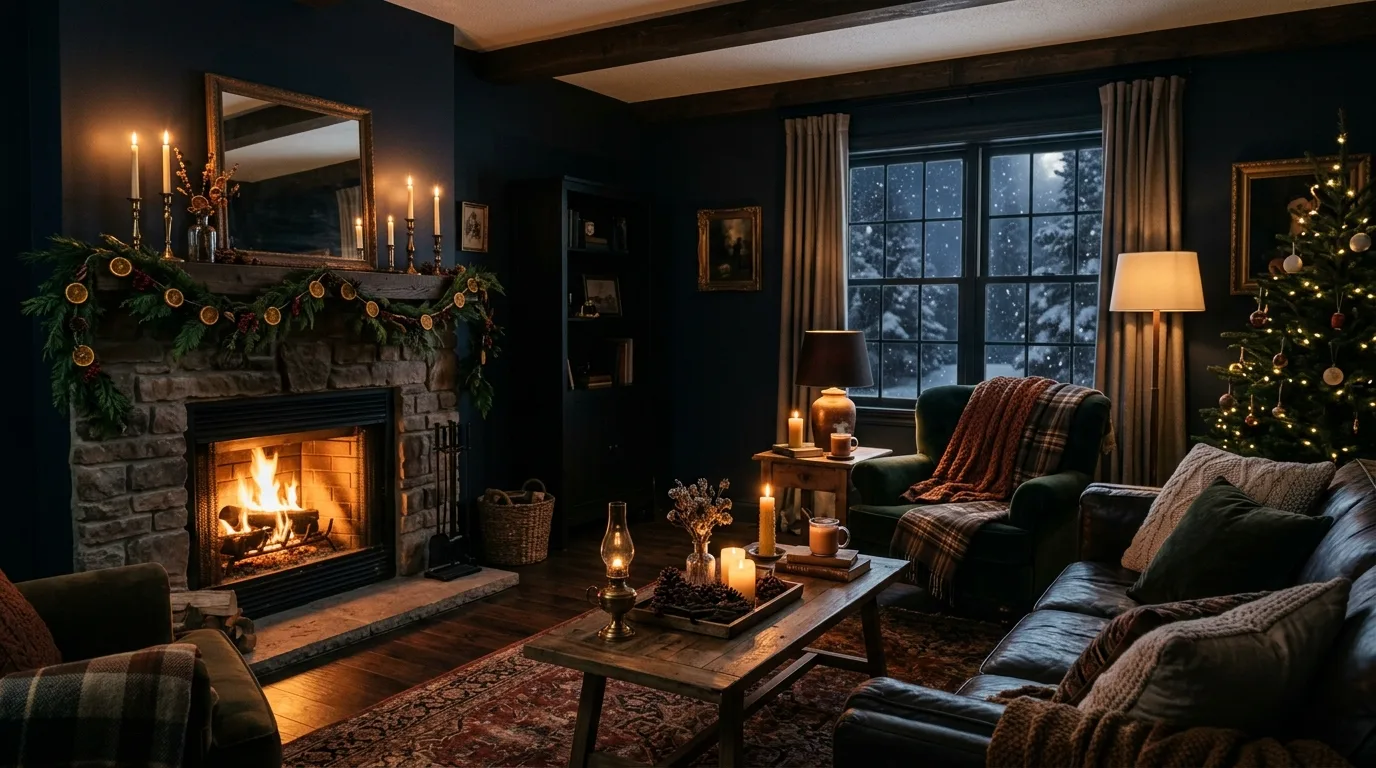 Keep surfaces edited so the room still feels restful inspiration for a winter living room.
